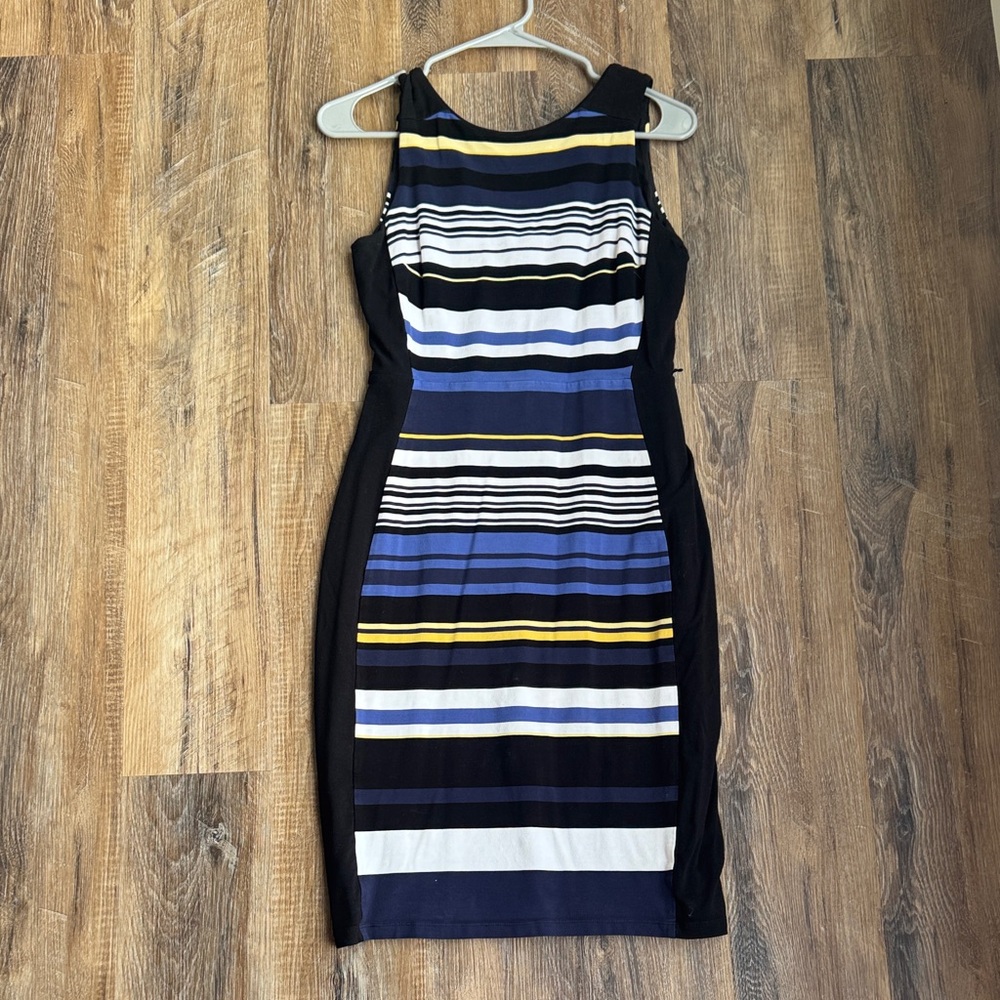Striped Sleeveless work Dress - Blue, Black, White, yellow